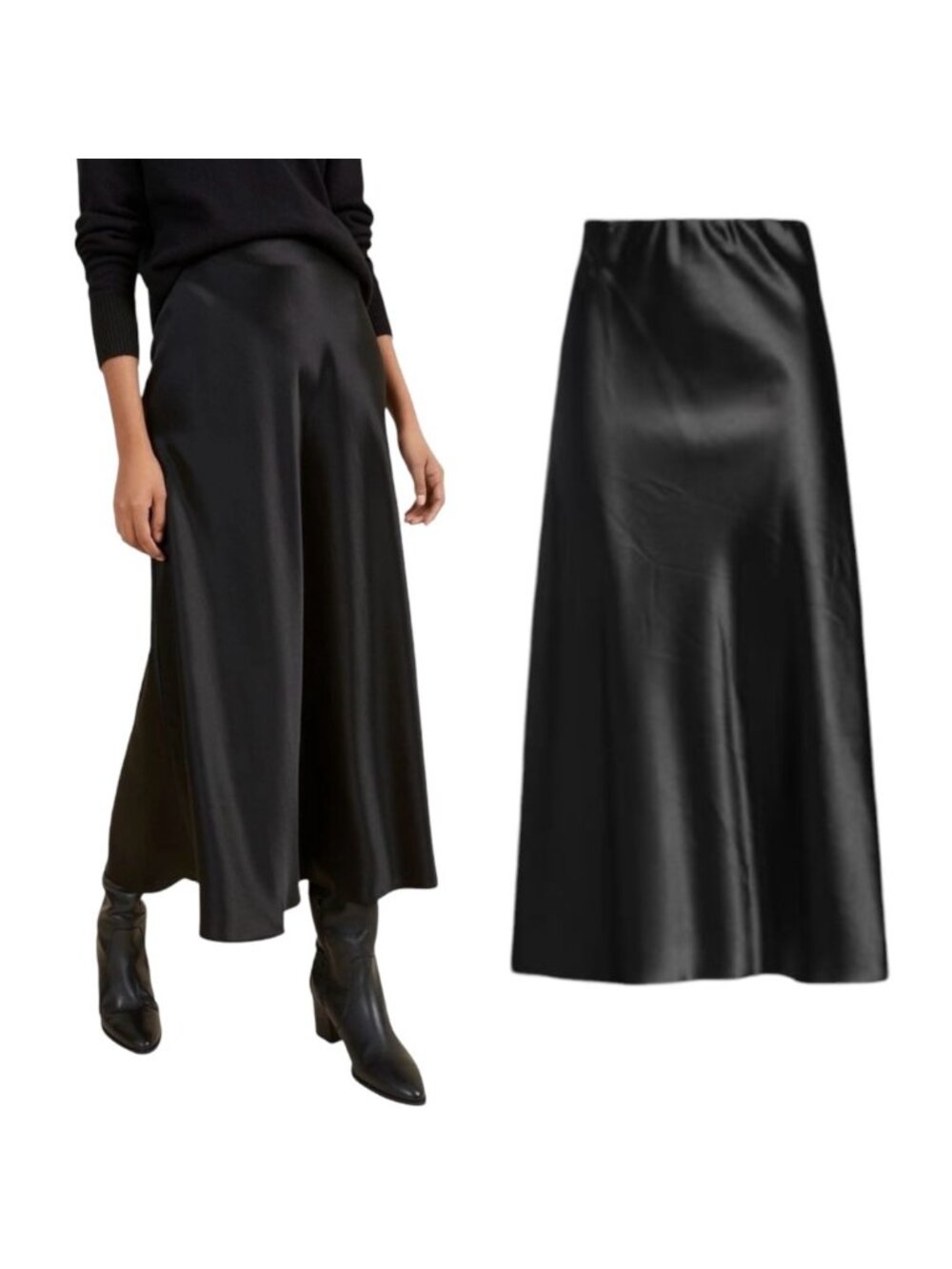 NEW Satin Maxi Skirt Sz.M Black Elastic Waist A-Line Classic Goth